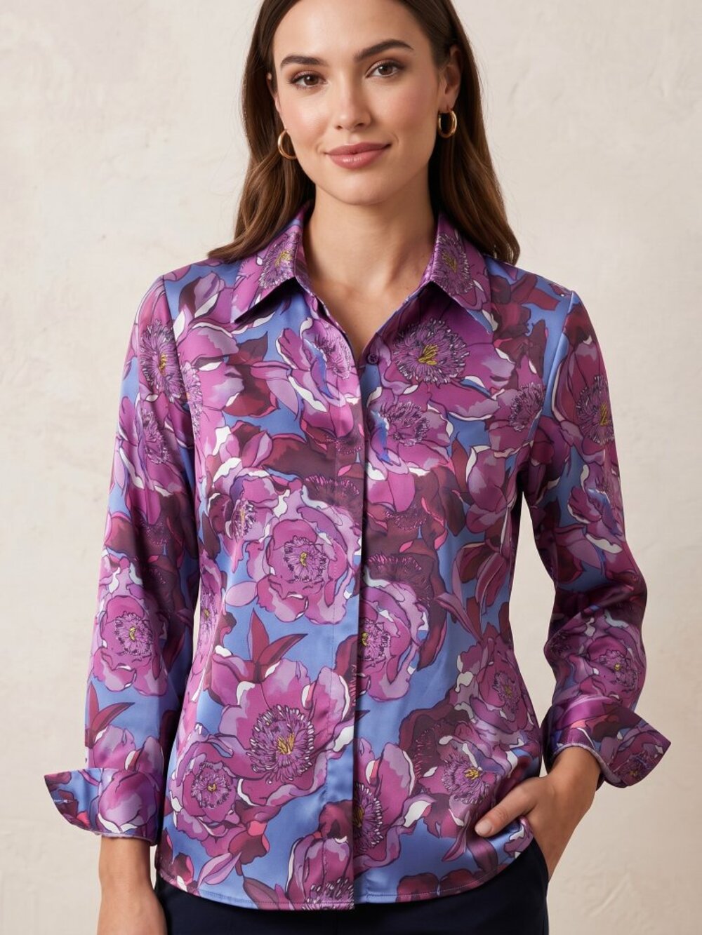 Boston Proper Satin Bold Floral Top LS French Cuff Office Siren Maximalist Sz 8